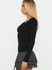 Double Back Floral Cut Out Long Sleeve Top Black