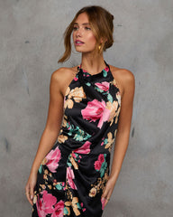 Paritza Floral Halter Neck Satin Maxi Dress